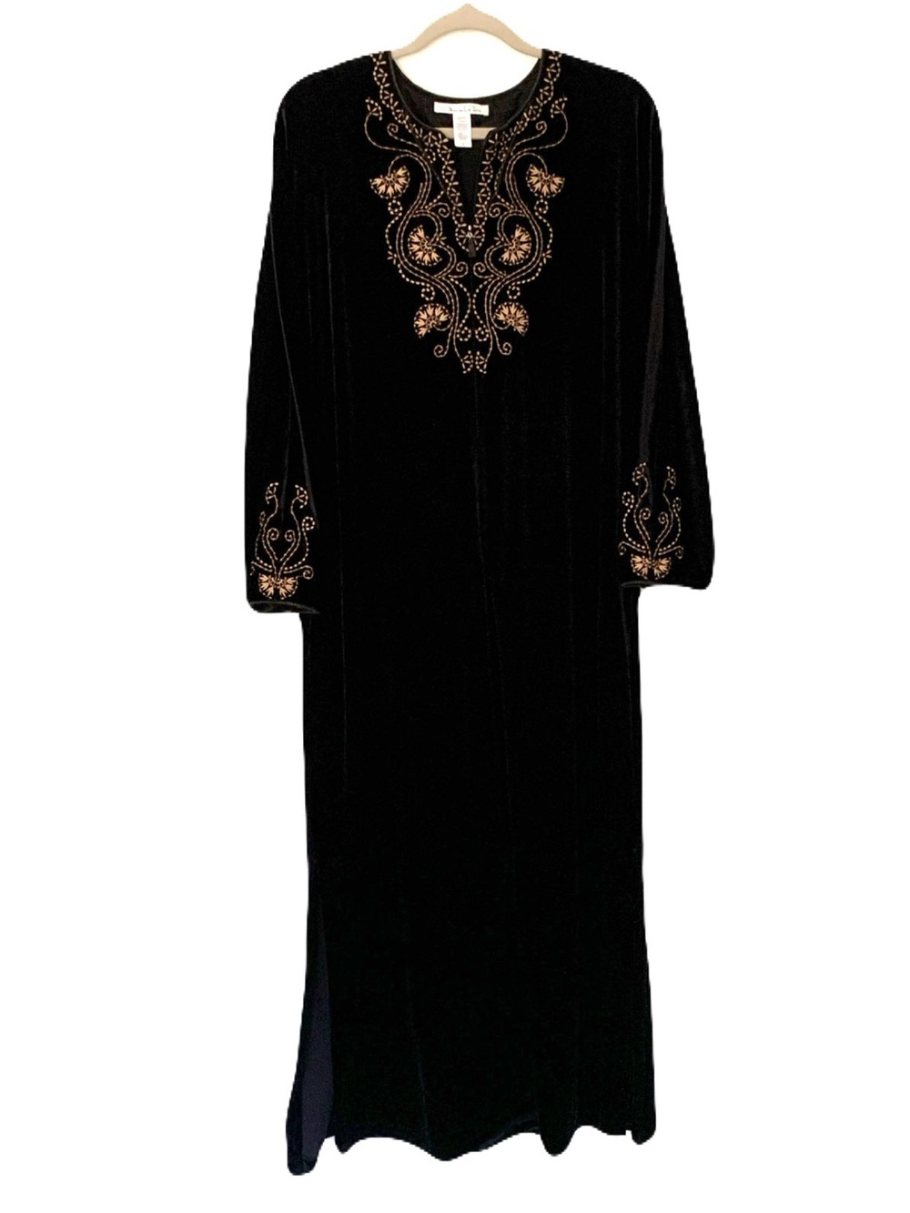 Vintage Oscar de la Renta Large Black Velvet Floral Embroidered Maxi Caftan